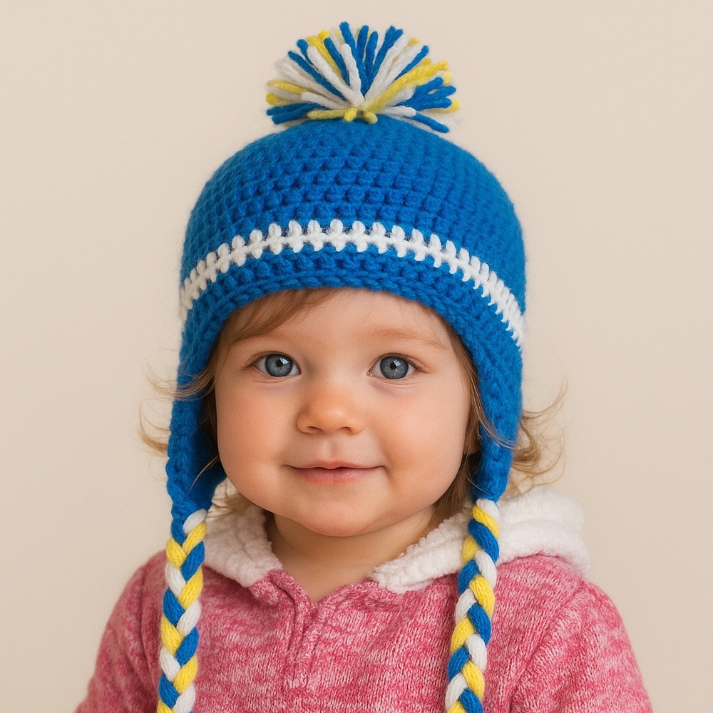Handmade Crochet Earflap Hat Blue & White Baby/Toddler Sizes Pom Pom Beanie‎